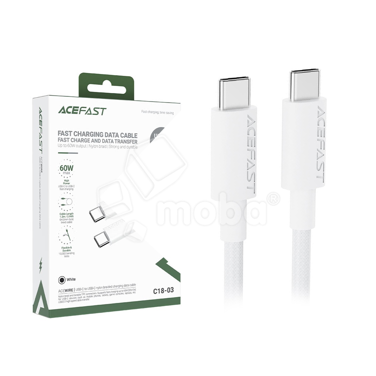 Кабель Type-C - Type-C Acefast C18-03 (3A, 60W, PD, оплетка нейлон, 1.2 м) Белый