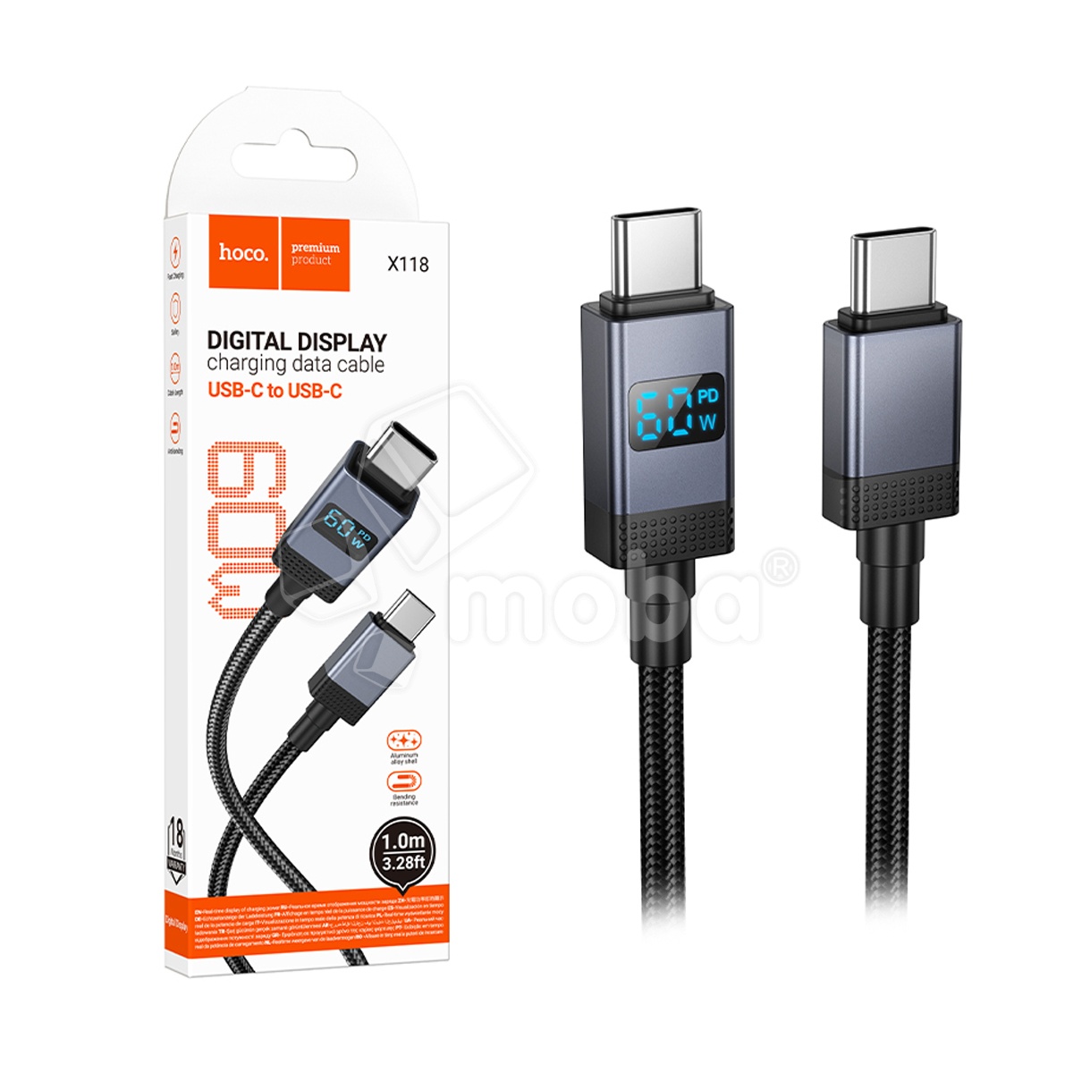 Кабель Type-C - Type-C Hoco X118 (3A, 60W, PD, оплетка нейлон, с дисплеем) Черный