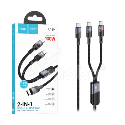 Кабель Type-C - 2 в 1 (Type-C + Type-C) Hoco U139 (5A, 100W, PD, оплетка ткань, 1.2 м) Черный