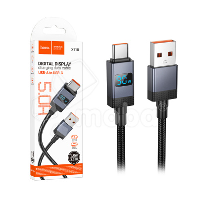 Кабель USB - Type-C Hoco X118 (5А, оплетка нейлон, с дисплеем) Черный