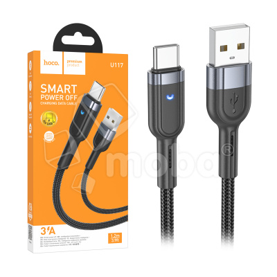 Кабель USB - Type-C Hoco U117 (3A, с функцией интеллектуального отключения, индикатор, оплетка нейлон, 1.2 м) Черный