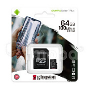 Карта памяти MicroSDXC 64GB Class 10 Kingston Canvas Select Plus A1 100MB/s + SD адаптер