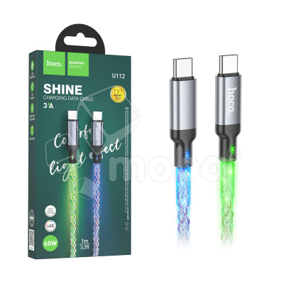 Кабель Type-C - Type-C Hoco U112 (3A, 60W, PD, прозрачный, светодиодный) Серый